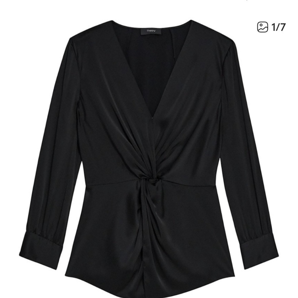 NWT Theory Twist-Front Soft Satin V-Neck Long Sleeve Black Blouse